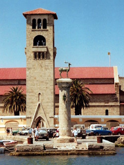 Doe statue, Ekklisia Evanggelismo & Mandraki harbour close to where the Collosus of Rhodes stood